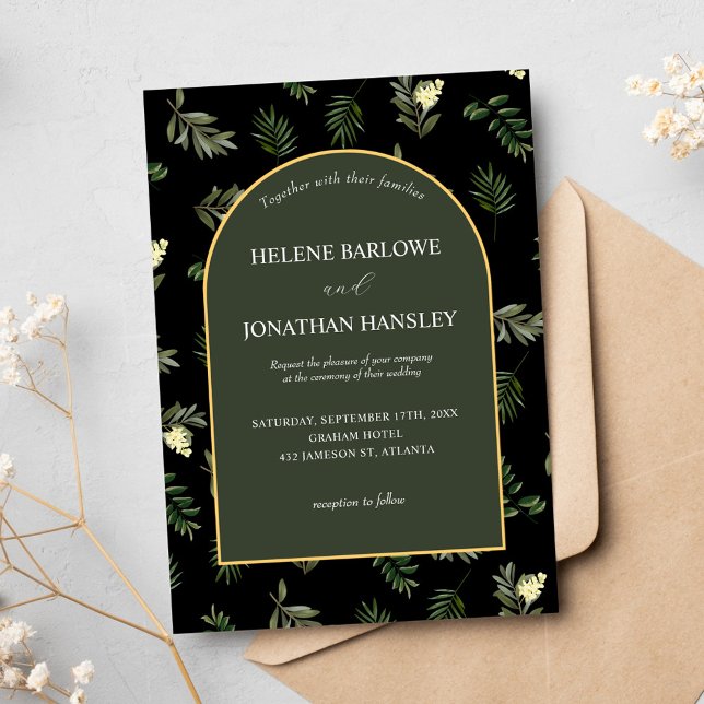 Black Modern Elegant Watercolor Botanical Bröllop Inbjudningar (Black Modern Elegant Watercolor Botanical Wedding Invitation)