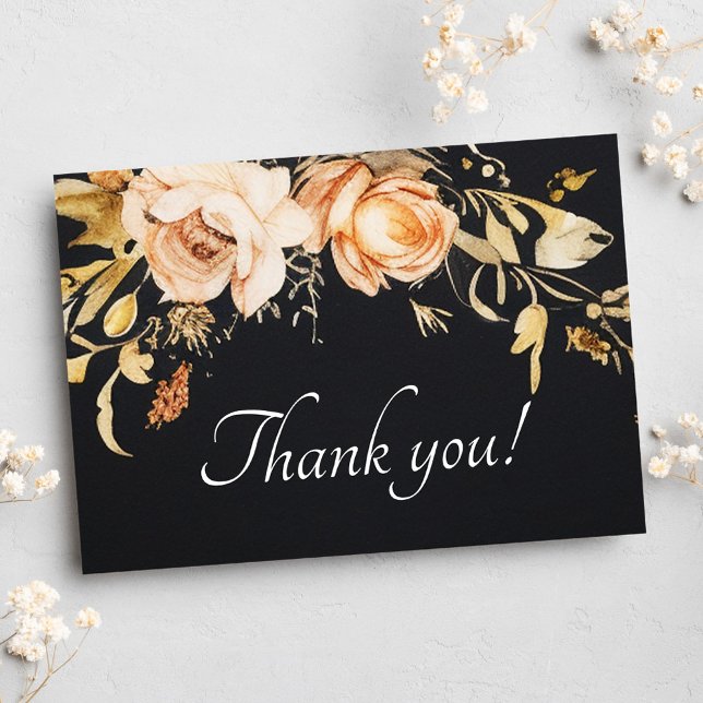 Black Modern Fall Blommigt Bröllop Tack Kort (Black Modern Fall Floral Wedding Thank You Card)