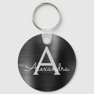 Black Modern Faux Stainless Steel Monogram Nyckelring