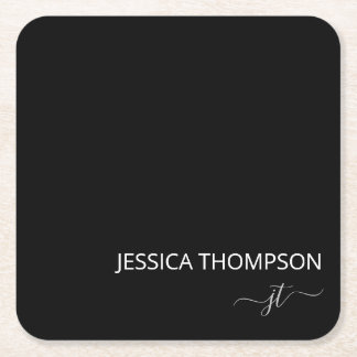 Black Modern Girly White Simple Monogram Namn Tri Underlägg Papper Kvadrat