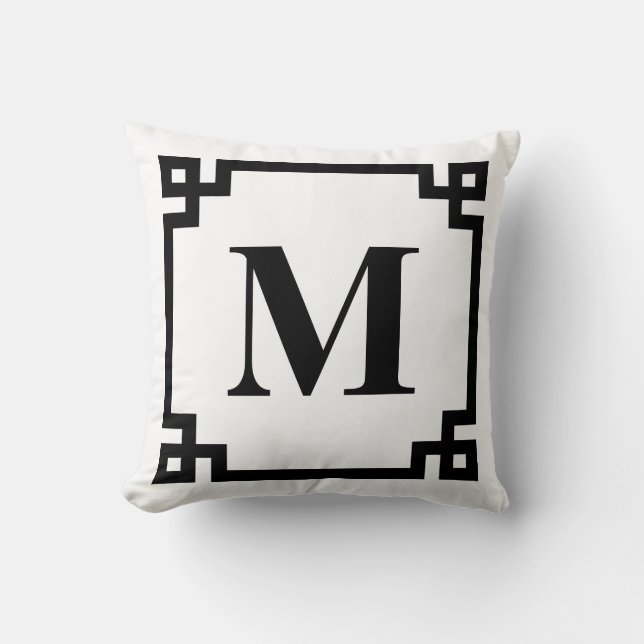 Black Modern Grekiska Nyckel Gräns Monogram Kudde (Framsida)