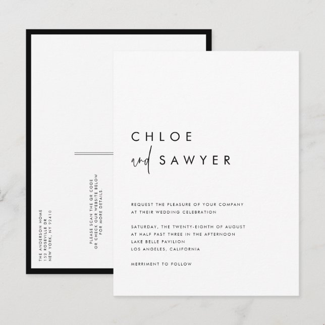 Black Modern Handskript QR-kod Bröllop Inbjudan Vykort (Fram/baksida)