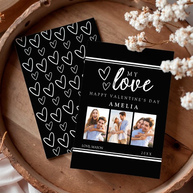 Black Modern Happy Valentine's Photo Collage Card Julkort (Black Modern Happy Valentine's Photo Collage Card)