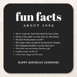 Black Modern Minimal Roligt Facts Birthday År Underlägg Papper Kvadrat