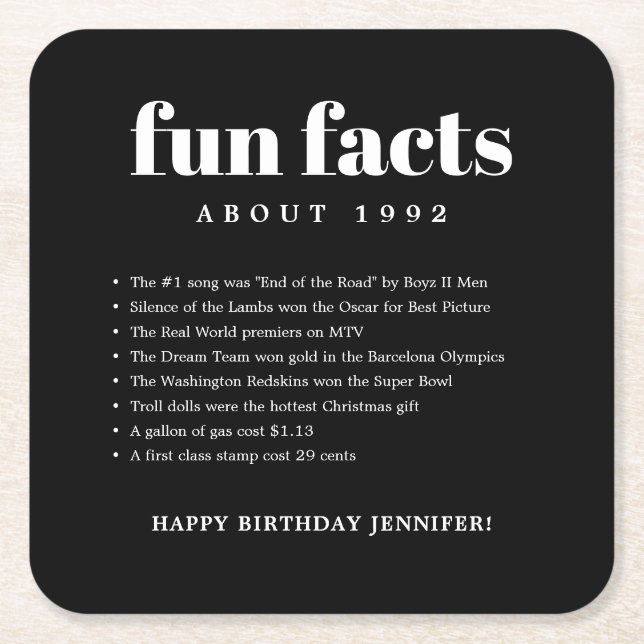 Black Modern Minimal Roligt Facts Birthday År Underlägg Papper Kvadrat (Framsidan)