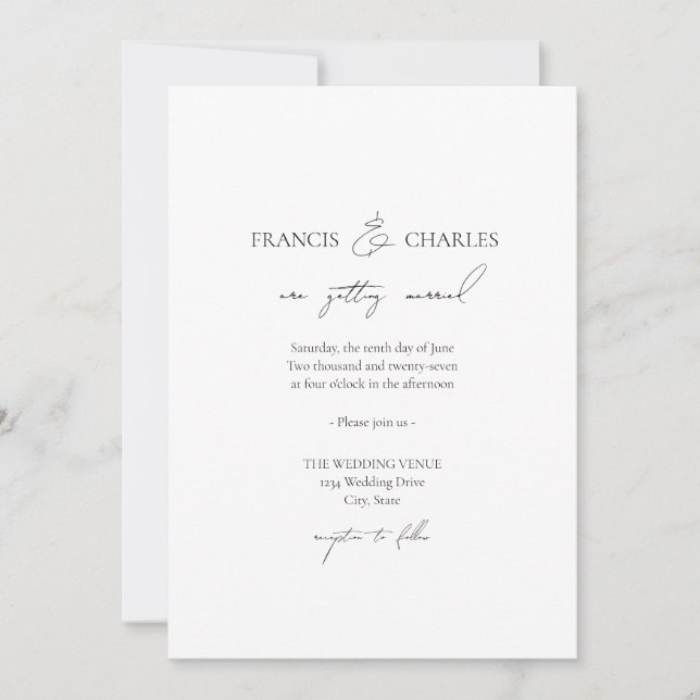 Black Modern Minimalist Classic Wedding-inbjudan Inbjudningar (Framsida)