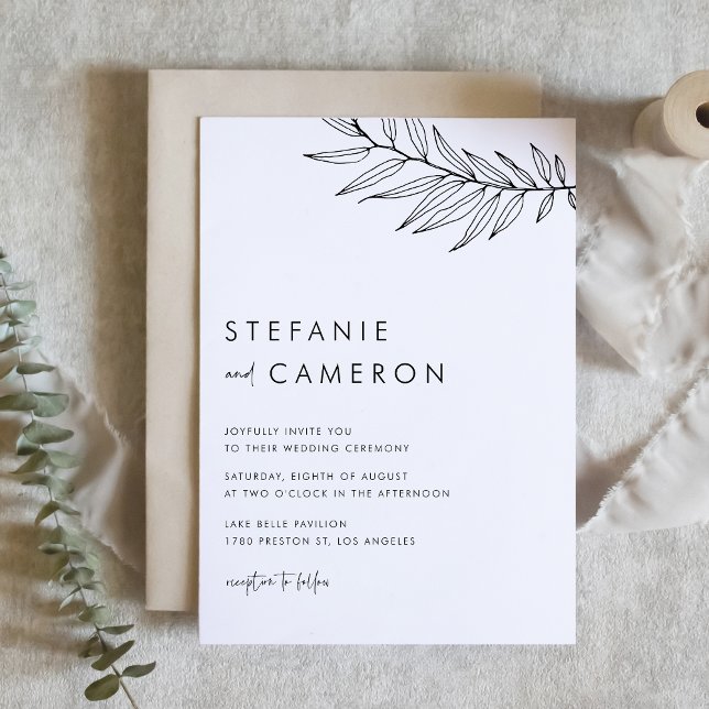 Black Modern Minimalist Foliage Bröllop Inbjudningar (Black Modern Minimalist Foliage Wedding Invitation)