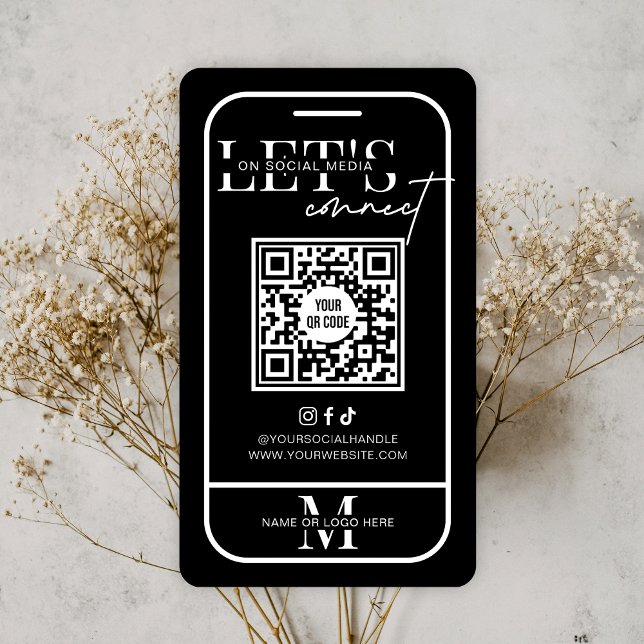 Black Modern Minimalist Social Media QR-kod Visitkort (Modern black and white Social Media QR Code Business Cards with phone outline and scannable URL)