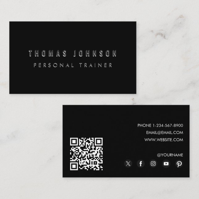 Black Modern Personal Trainer Fitness QR-kod Visitkort (Fram/baksida)