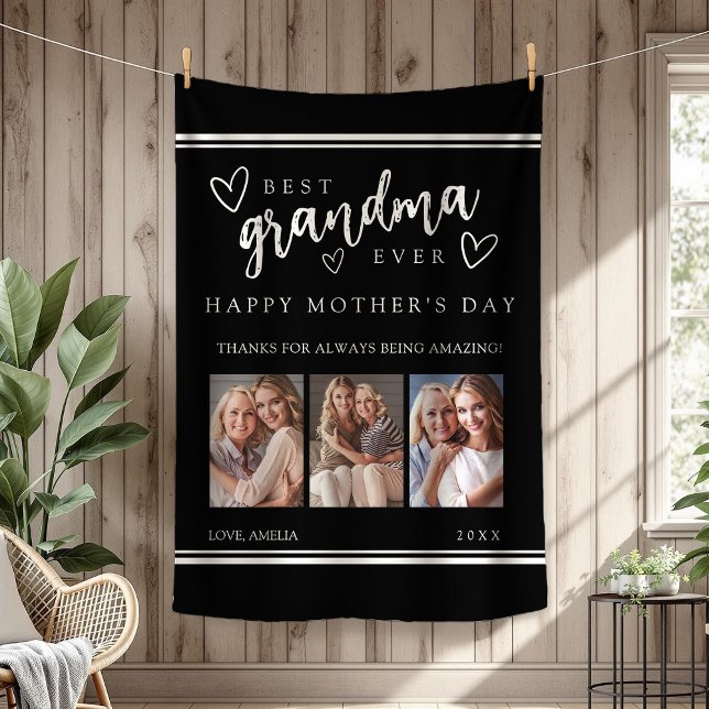 Black Modern Photo Collage Best Grandma Ever Fleecefilt (Black Modern Photo Collage Best Grandma Ever Fleece Blanket)
