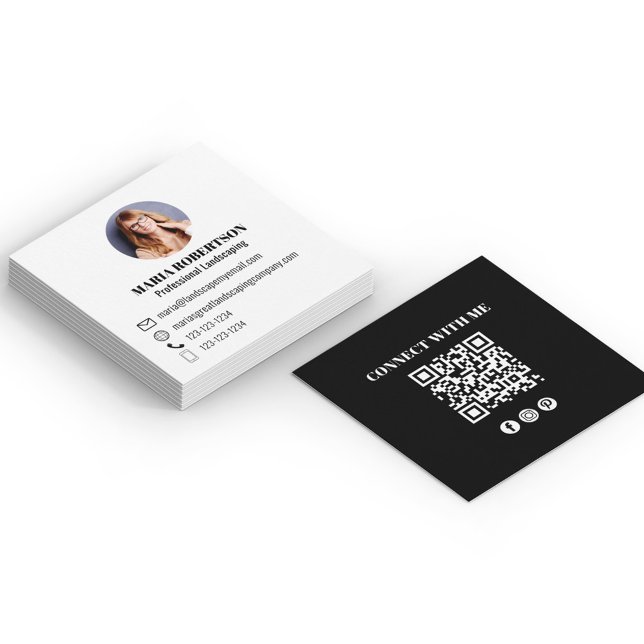 Black Modern QR Code Social Media Photo Fyrkantigt Visitkort (Minimalist modern simple black and white business card.)