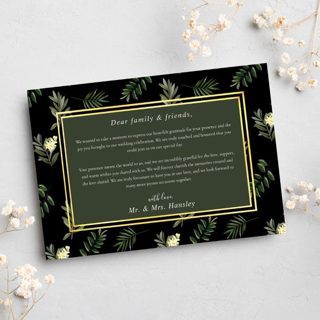 Black Modern Rustic Botanical Elegant bröllop Tack Kort (Black Modern Rustic Botanical Elegant Wedding Thank You Card)