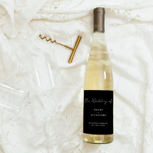 Black Modern Script Bröllop Vinflaska Etikett