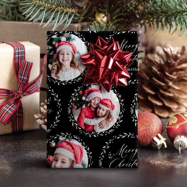 Black Modern Script Merry Christmas Family 6 photo Presentpapper (Black Modern Script Merry Christmas Family 6 photo Wrapping Paper)