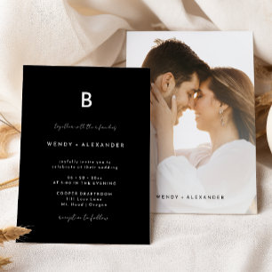 Black Modern Script Monogram Bröllop Photo Inbjudningar