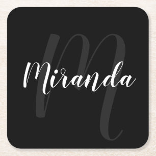 Black Modern Script Personlig Monogram och Namn Underlägg Papper Kvadrat