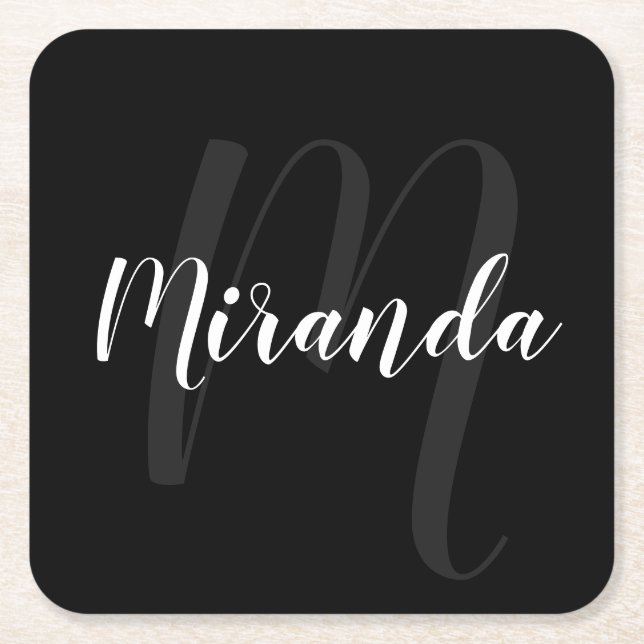 Black Modern Script Personlig Monogram och Namn Underlägg Papper Kvadrat (Framsidan)