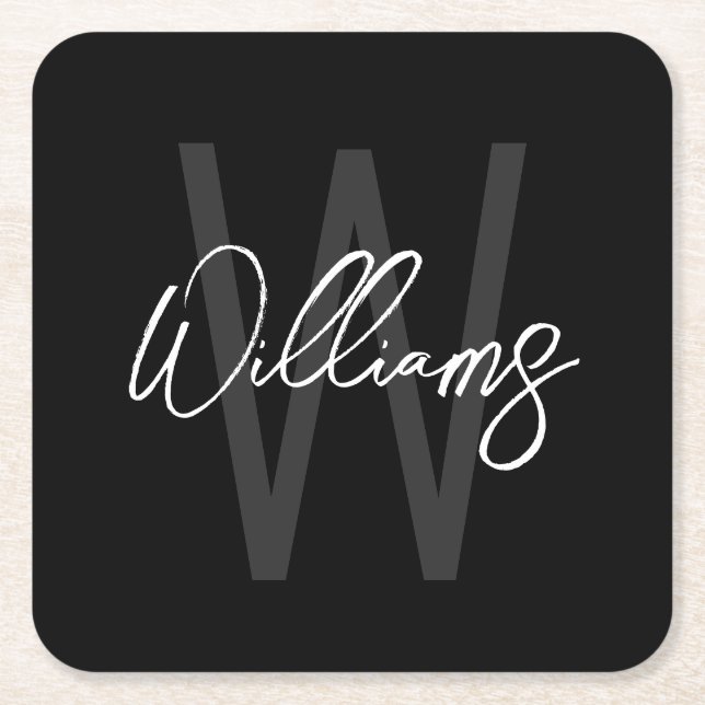 Black Modern Script Personlig Monogram och Namn Underlägg Papper Kvadrat (Framsidan)
