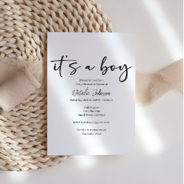 Black Modern Simple Script Boy Baby Shower Inbjudningar