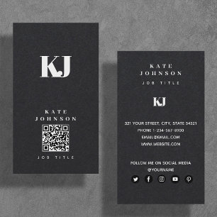 Black Modern Solid Monogram Initialer QR-kod Visitkort