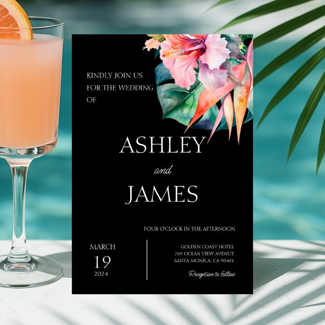 Black Modern Tropical Flowers Greenery Bröllop Inbjudningar (Modern Tropical Flowers Greenery Wedding Invitation)