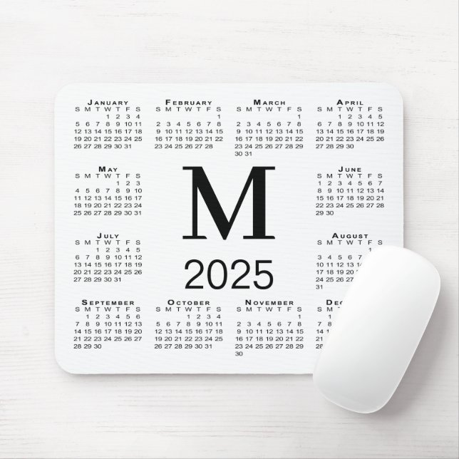 Black Monogram 2025 Calendar on White Musmatta (Med mus)