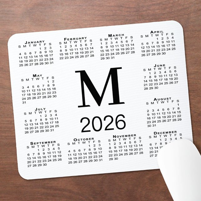 Black Monogram 2026 Calendar on White Musmatta (Black Monogram 2026 Calendar on White Mouse Pad, in situ)