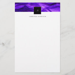 Black Monogram Abstrakt Geode Mörk Lila Agate Brevpapper