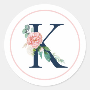 Black Monogram Brev K med Rosa Flower Runt Klistermärke