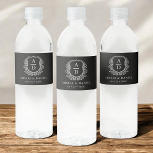Black Monogram Bröllop Blommigt Vapensköld Vattenflaskor Etikett