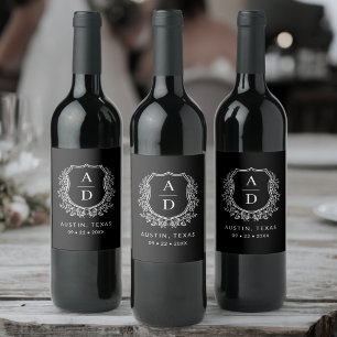 Black Monogram Bröllop Blommigt Vapensköld Vinflaska Etikett
