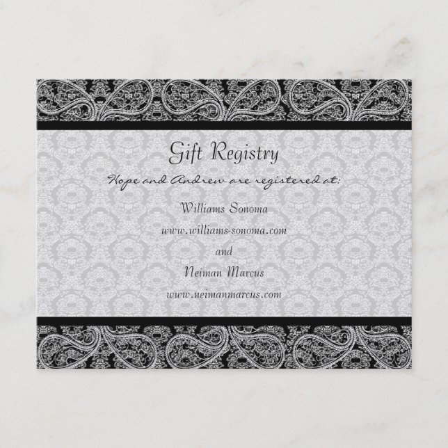 Black Monogram Damask Gift Registry Bröllop Tilläggskort (Framsida)