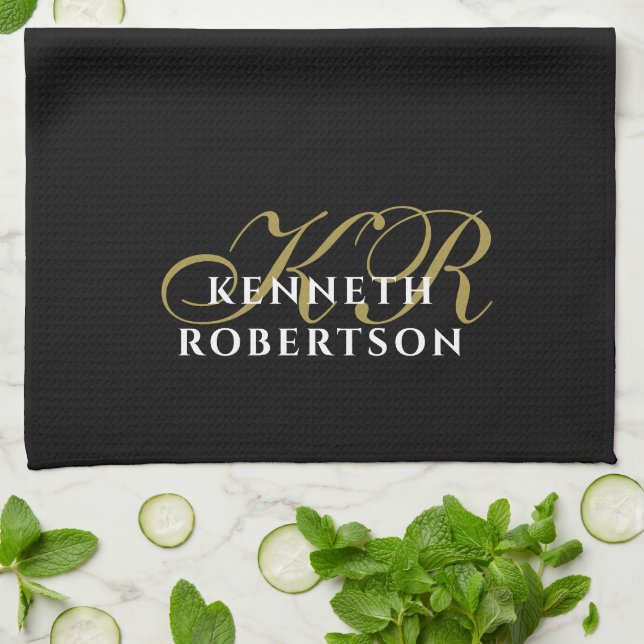 Black Monogram Minimalist Gold White Elegant Men  Kökshandduk (Vikta)