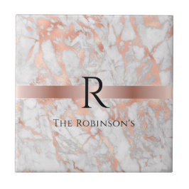 Black Monogram & Namn, White & Ro Guld Marble Kakelplatta