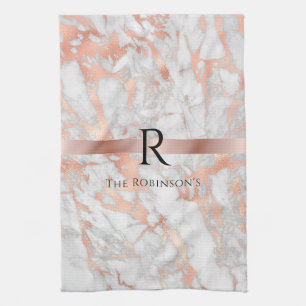 Black Monogram & Namn, White & Ro Guld Marble Kökshandduk