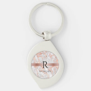 Black Monogram & Namn, White & Ro Guld Marble Swirl Silverfärgad Nyckelring