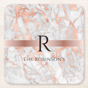 Black Monogram & Namn, White & Ro Guld Marble Underlägg Papper Kvadrat