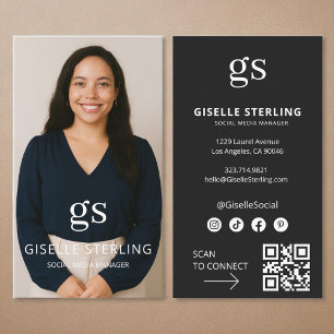 Black Monogram Photo Social Media QR-kod Visitkort