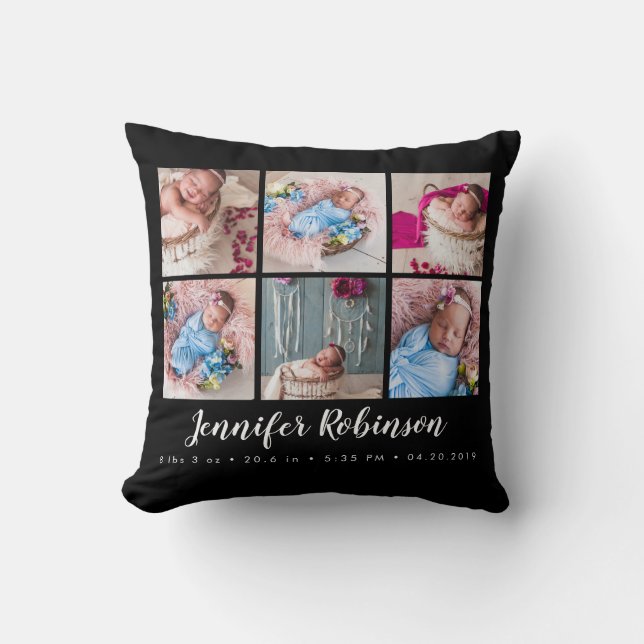 Black Monogrammed Birth Stat Black Photo Collage Kudde (Framsida)