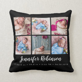 Black Monogrammed Birth Stat Black Photo Collage Kudde