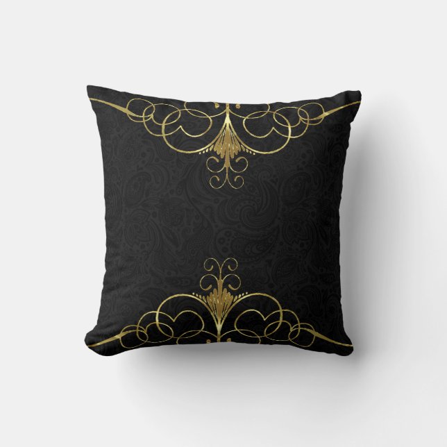 Black Monotones Blommigt Paisley & Guld Ram Kudde (Framsida)