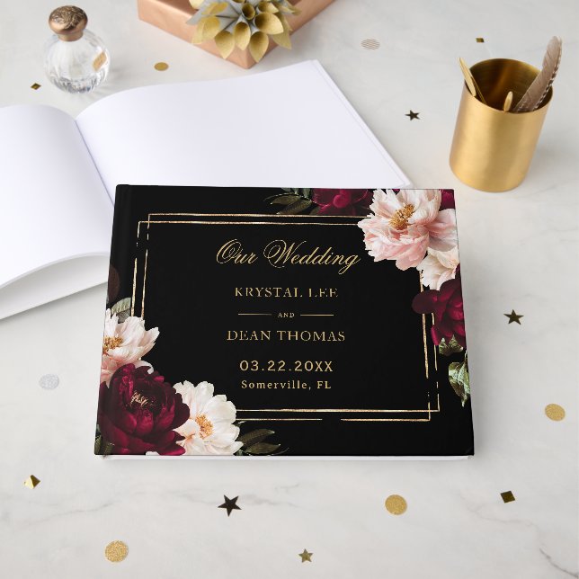 Black Moody Burgundy Blush Floral Wedding Seating  Gästböcker (Framsida Öppen)