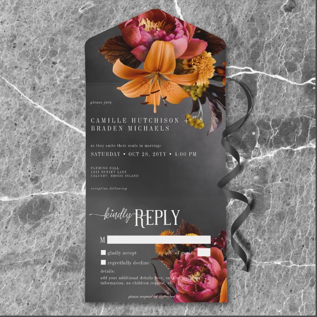 Black Moody Gotham Orange Lily Bröllop No Middag (Black Moody Gothic Orange Lily Wedding No Dinner All In One Invitation)