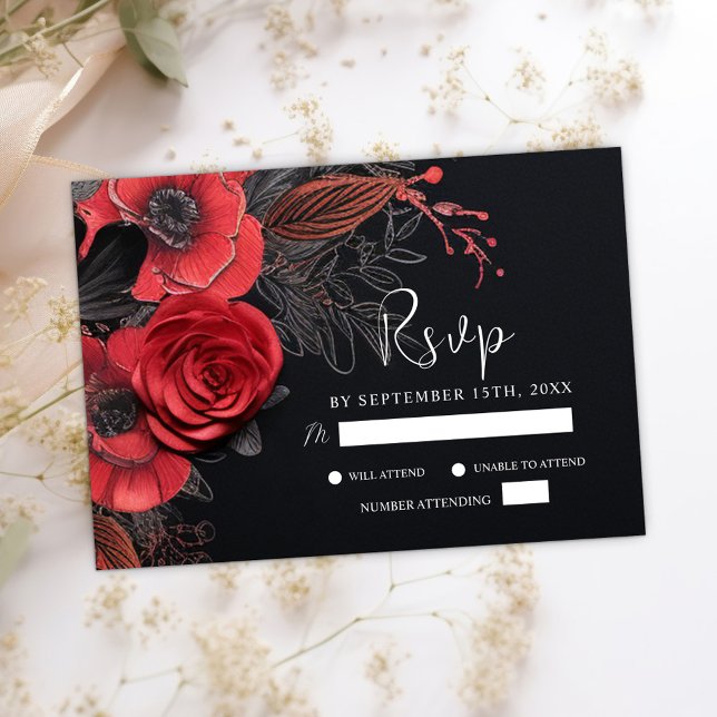 Black Moody Gothic Blommigt Mörk Bröllop OSA Kort (Black Moody Gothic Floral Dark Wedding RSVP Card)