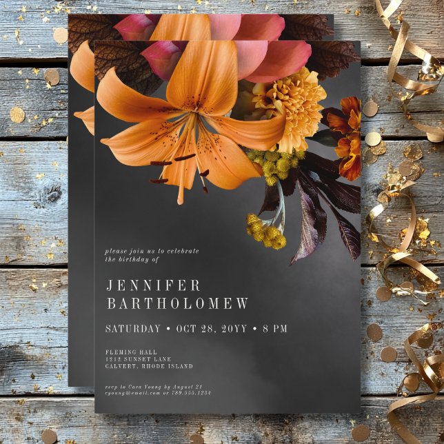 Black Moody Gothic Orange Lily Birthday Inbjudningar (Black Moody Gothic Orange Lily Birthday Invitation)