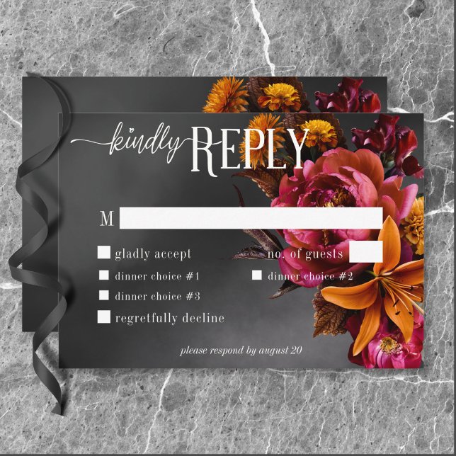 Black Moody Gothic Orange Lily Bröllop Middag OSA Kort (Black Moody Gothic Orange Lily Wedding Dinner RSVP Card)
