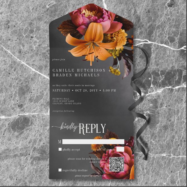Black Moody Gothic Orange Lily Bröllop QR-kod (Black Moody Gothic Orange Lily Wedding QR Code All In One Invitation)
