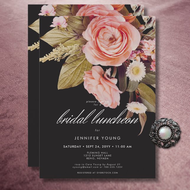 Black Moody Rosa  Blooms Möhippa Luncheon Inbjudningar (Black Moody Pink Blush Blooms Bridal Luncheon Invitation)