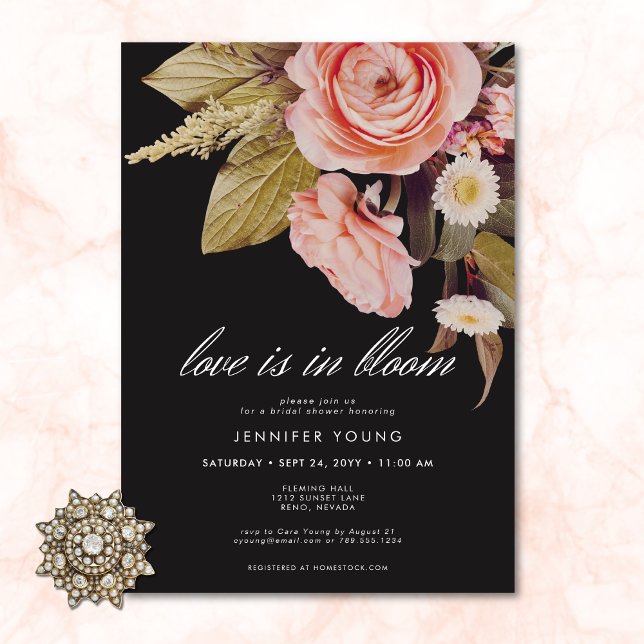 Black Moody Rosa Kärlek är i Möhippan Bloom Inbjudningar (Black Moody Pink Love Is In Bloom Bridal Shower Invitation)