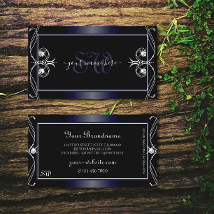 Black Mörk blått Ornate Sparkling Diamonds Monogra Visitkort